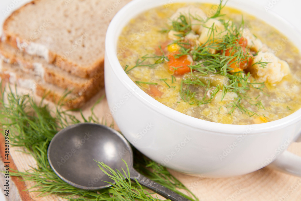 Vegetable and chicken soup with decorated with dill, served with fresh bread Vegetable and chicken soup with decorated with dill, served with fresh bread