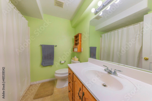 Bathroom interior with light green walls and white shower curtain