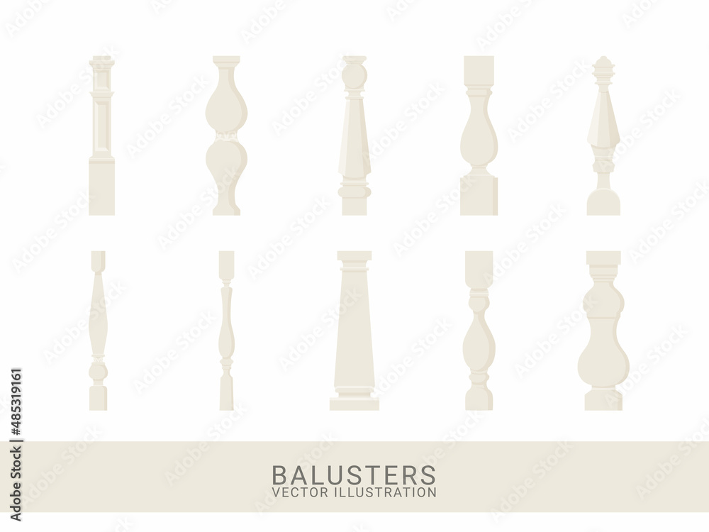 Collection of stone or marble balusters. Decorative and architecture elements. Palace or castle fence. Balcony handrail and protection from falling. Vector illustration