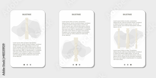 Set of three mobile app screens. Concept of app about selling balusters and balustrades. Handrail, marble or stone palace fence. Balcony protection. Vector illustration