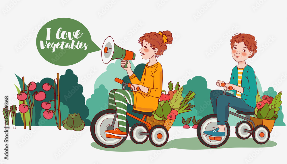 Cute boy and girl with fresh vegetables rides on bicycle in the garden. Funny girl shouting on the megaphone. Summer time
