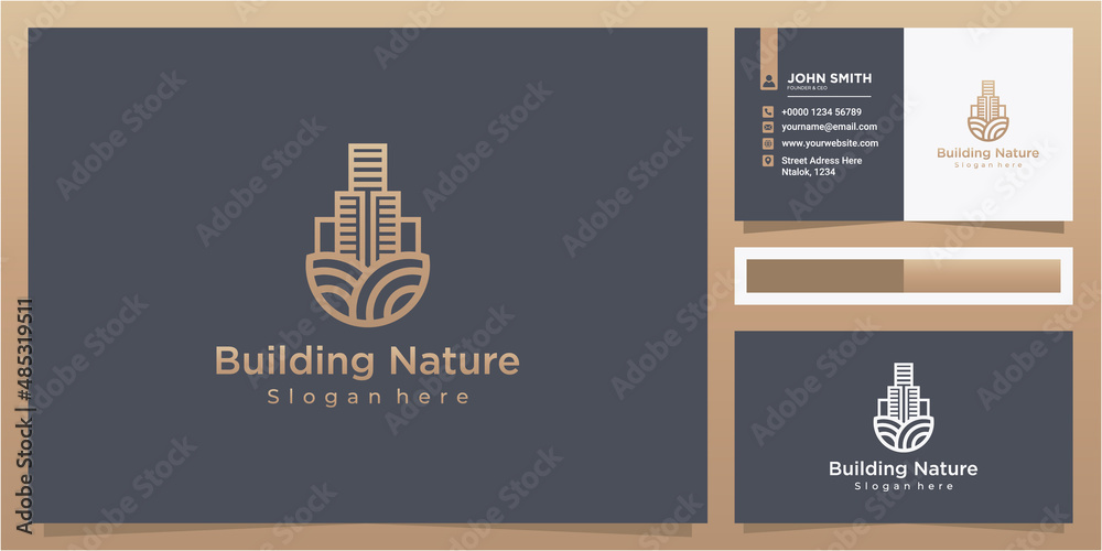 Elegant building land logo design concept with business card, line art building land Elegant building land logo design concept with business card, line art building land