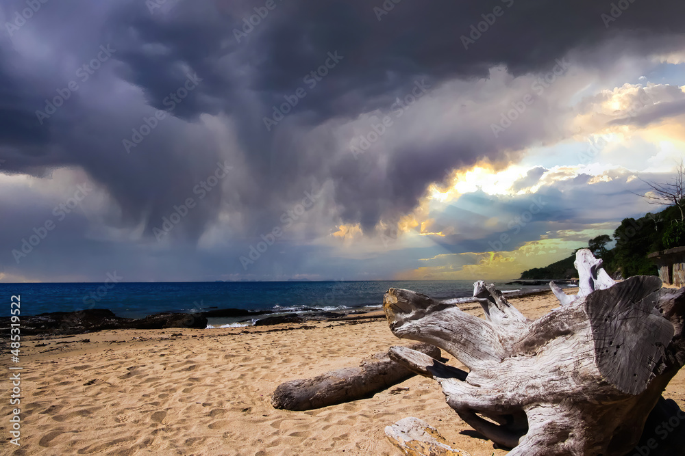 View on driftwood tree trunk on lonely sand beach with dramatic sky and sunbeams breaking dark clouds - Ko Chang, Thailand during rainy season (focus on tree trunk)