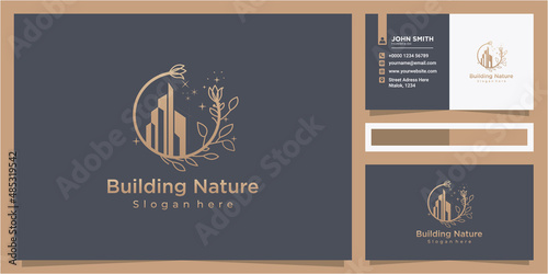 Elegant line art building leaf flower logo design concept with business card