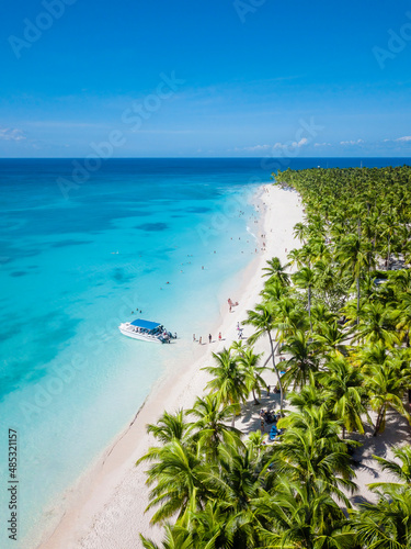 Aerial view of Saona Island in Dominican Republuc. Caribbean Sea with clear blue water and green palms. Tropical beach. The best beach in the world.