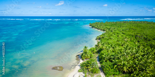 Aerial view of beautiful Bavaro beach in Punta Cana, Domincan republc. Hot sunny day on tropical beach full of palms.
