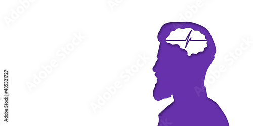 Guy or man headache concept. People silhouette. Vector medical illustration in paper cut style with shadow. mental health. Place for text. Copy space. Health care