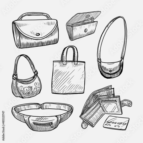 Set of bags and wallets vector illustration elements isolated on white background