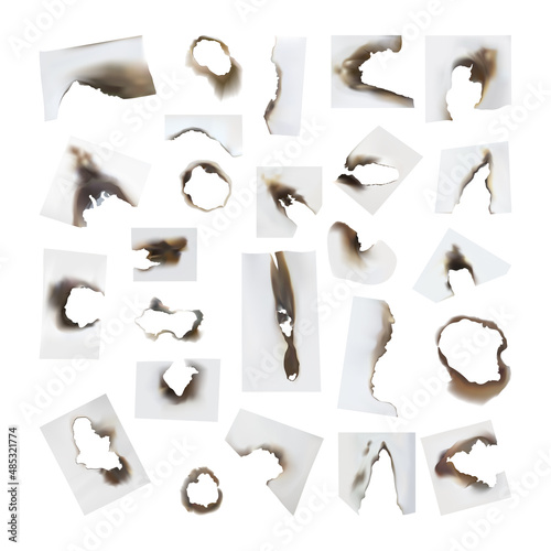Collection of burnt sheets of paper. Realistic illustrations.