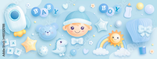 Hand drawn baby boy shower set. Realistic vector illustration of cartoon baby boy, helium balloons, rocket, hot air balloon, rainbow, sun and flowers isolated on blue background
