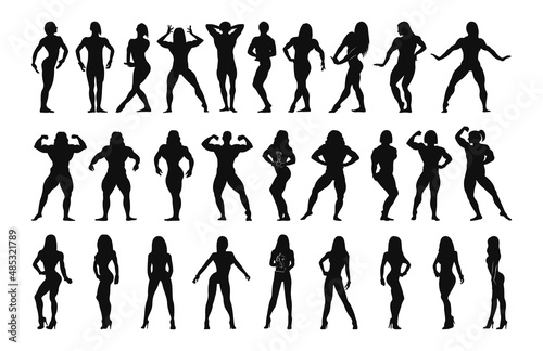 Collection of black silhouettes of female bodybuilders. Character shadow illustrations.