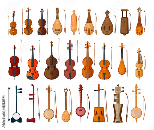 Collection of bowed string instruments in detailed style. Musical instruments. photo