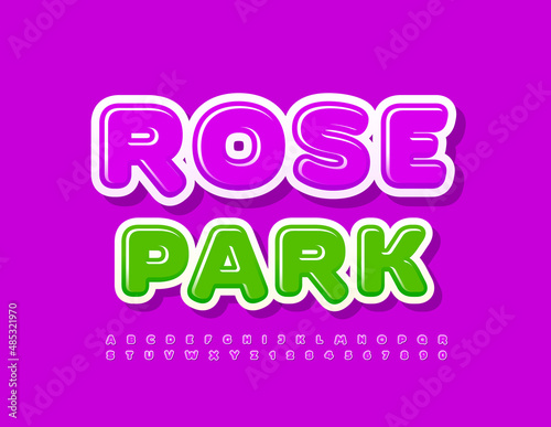 Vector cute emblem Rose Park. Violet glossy Font. Bright creative Alphabet Letters and Numbers set