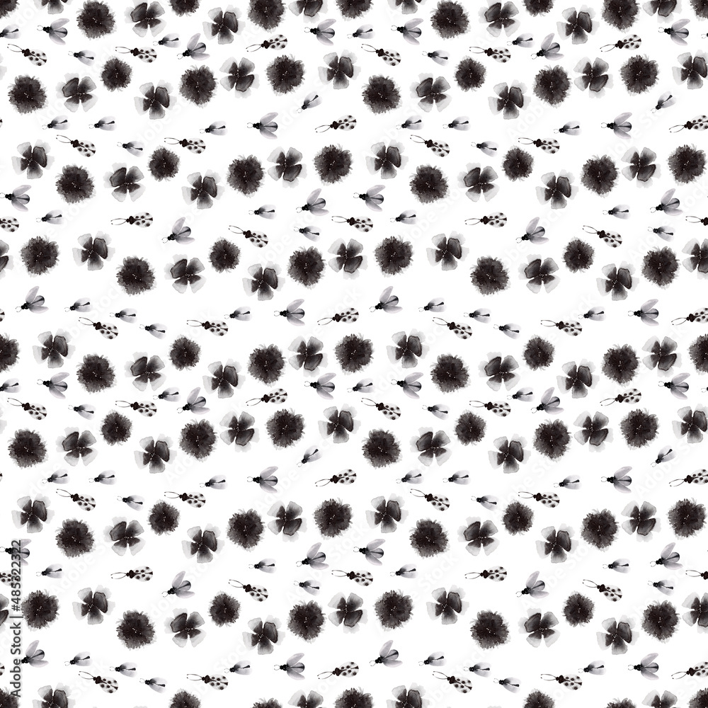 Watercolor black and white seamless pattern with plants and beetles Watercolor black and white seamless pattern with plants and beetles
