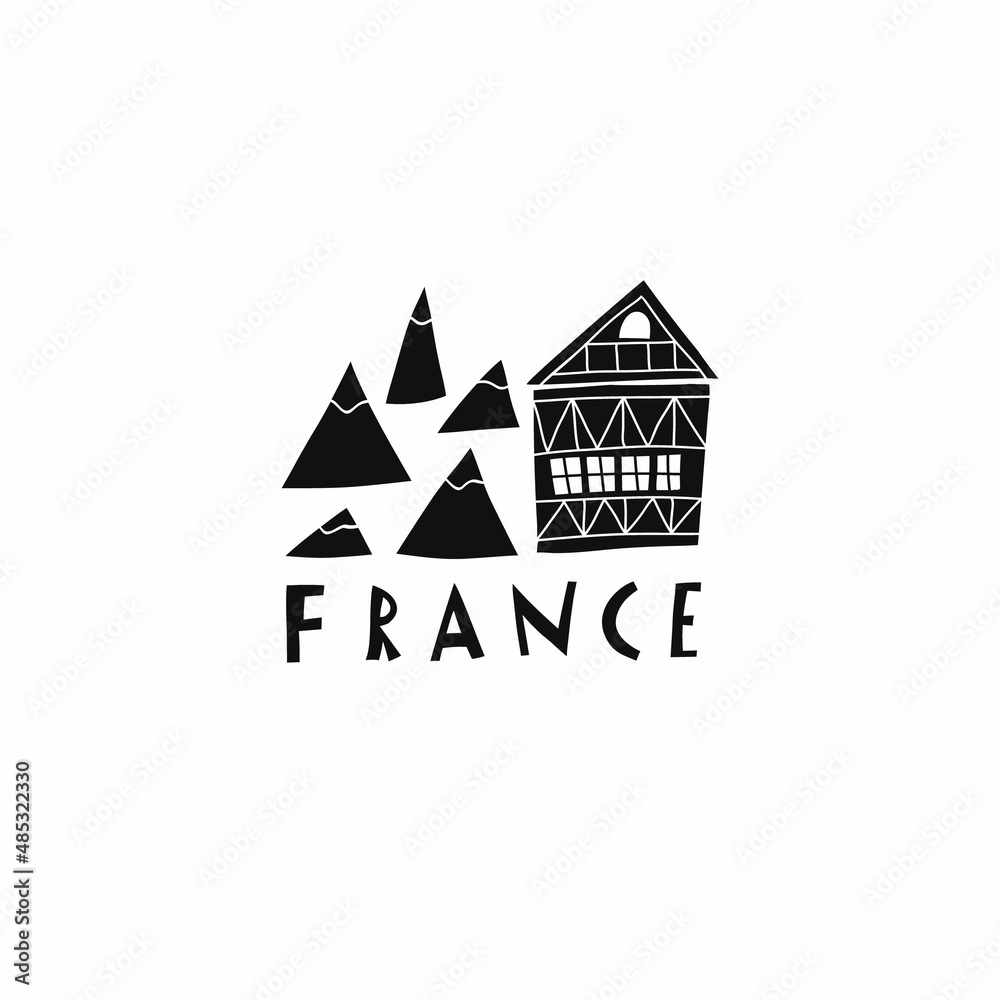 Vector hand drawn symbol of France. Travel illustration of French signs. Hand drawn lettering illustration. Alps landmark logo