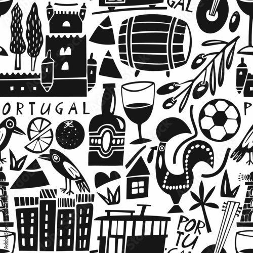 Vector hand drawn Portugal landmarks seamless pattern. Travel illustrations of Portuguese Republic symbols. Hand drawn lettering. Europe icons background