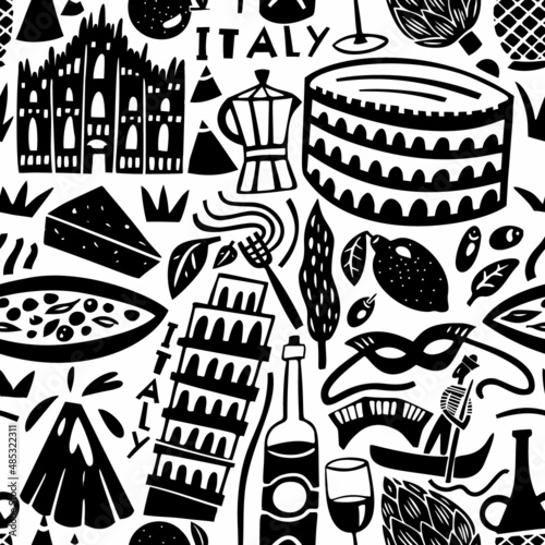 Vector hand drawn Italy landmarks seamless pattern. Travel illustrations of Italian symbols. Hand drawn lettering. Mediterranean icons background