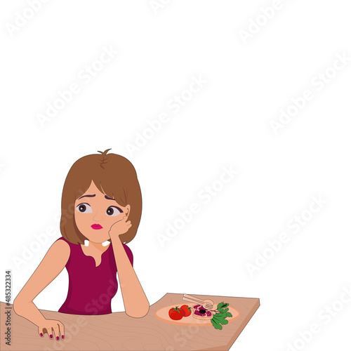 Cartoon young beautiful short brown hair woman is Sitting at table,bored with food. Cute girl has Anorexia-cachexia syndrome.Lady with healthy foods.Vector flat design idea concept Loss of Appetite photo