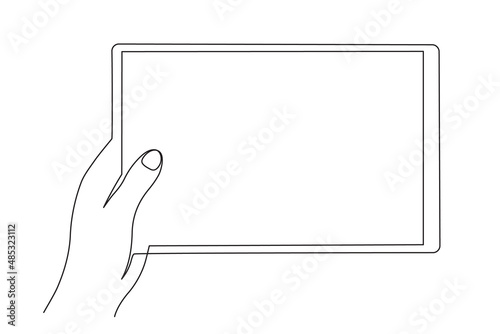 Hand holding tablet, one line art, hand drawn continuous contour.Template, mock-up of empty touch screen. Space for your image or text. Editable stroke, minimalist design.Isolated. Vector illustration
