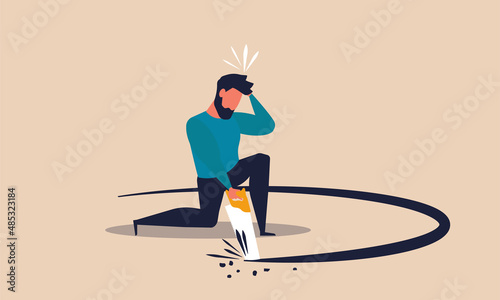 Business self sabotage and idiot mistake to lost job. Failure and stress people finance vector illustration concept. Stupid person and problem bankrupt. Man with frustration and cutting self hole photo