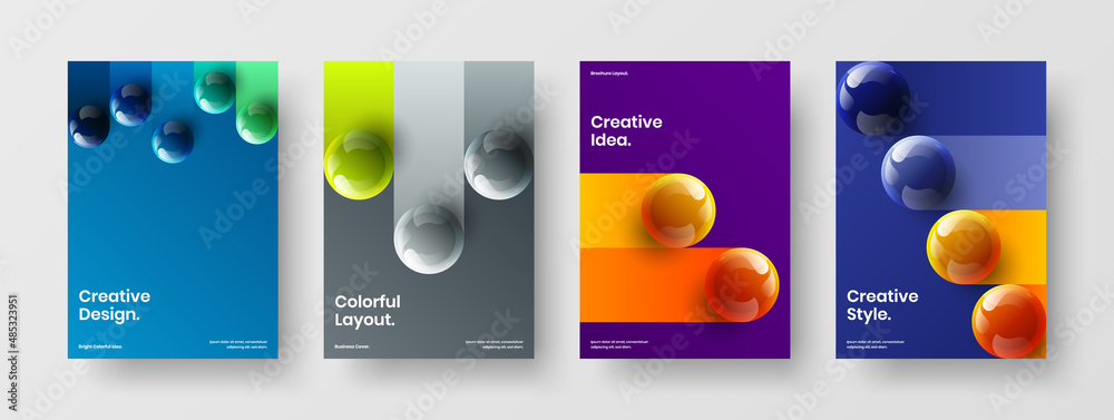 Minimalistic 3D spheres presentation illustration bundle. Simple annual report A4 design vector layout set.