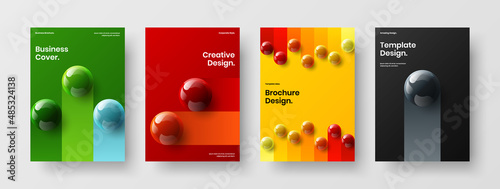 Original handbill A4 vector design concept set. Bright realistic spheres placard layout composition.