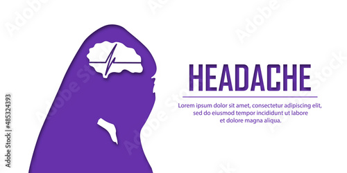 Girl or woman headache concept. People silhouette. Vector medical illustration in paper cut style with shadow. mental health. Place for text. Copy space. Health care
