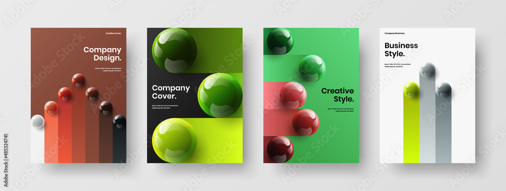 Multicolored realistic spheres placard layout collection. Colorful magazine cover A4 vector design concept bundle.