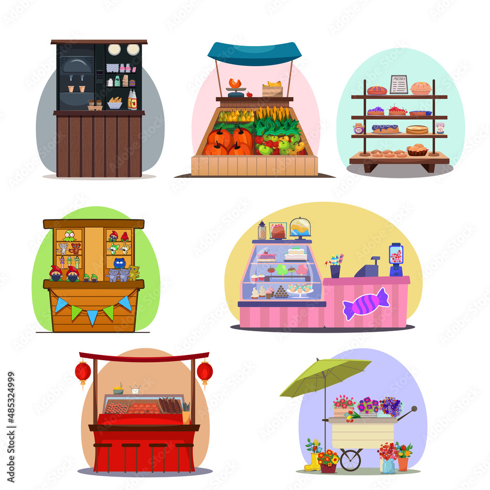 Fototapeta premium A set of counters with different goods. A stall with toys, fruits and vegetables, desserts, baked goods, coffee, flowers, Asian food. Street Market. Vector