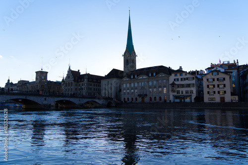 Church tower of medieval protestant church Women's Minster at the old town of Zürich on a sunny winter day. Photo taken February 5th, 2022, Zurich, Switzerland. © Michael Derrer Fuchs