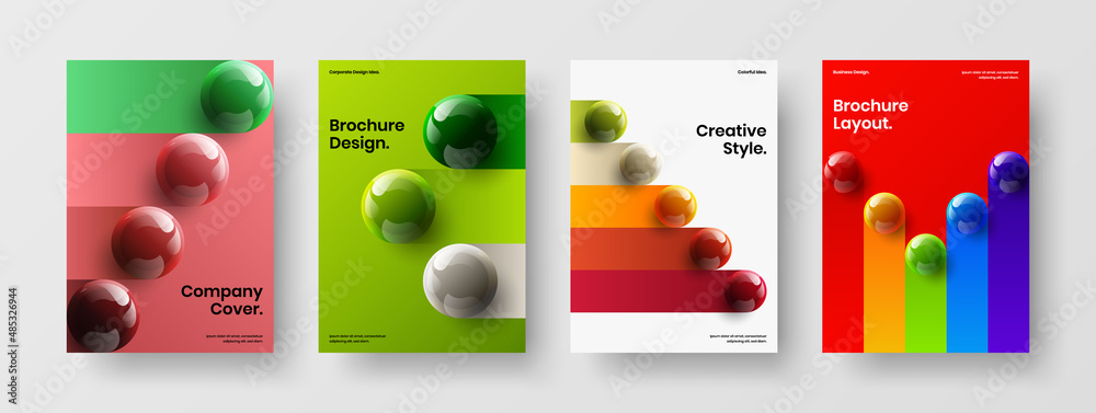 Multicolored company brochure A4 design vector template bundle. Isolated realistic balls handbill layout composition.