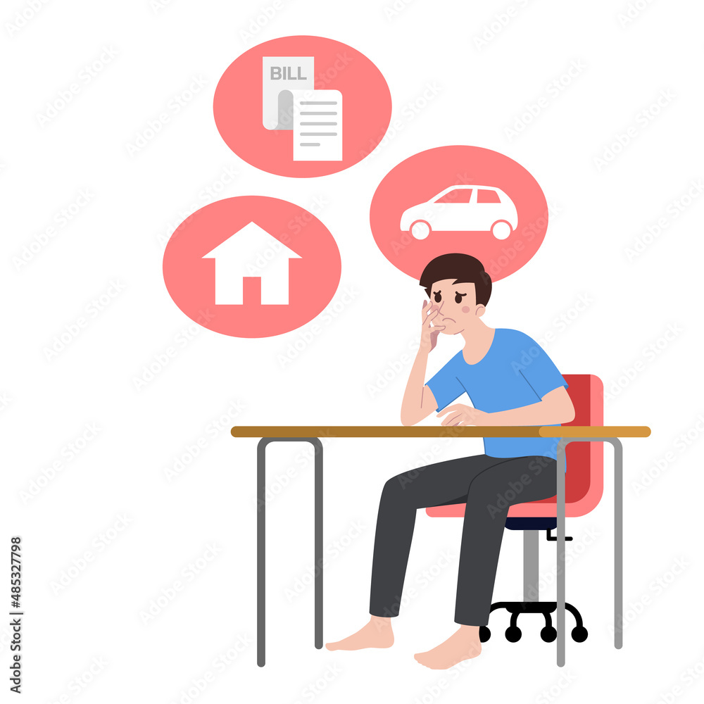 A man sit and thinking about his expenses, house payments, car payments, at his desk with stress. A stack of balloons with car house billing sign icon.