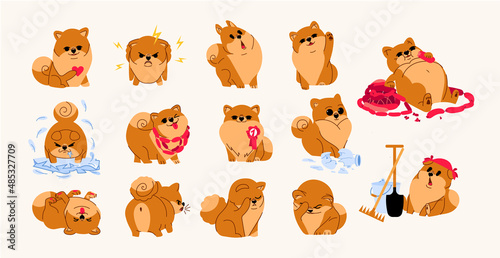 Pomeranian Spitz set isolated on beige background. Cute Poms puppies. Small German Spitz. Little Fluffy pets in cartoon style. Ideal for stickers, card or dog salon, animals shop logo