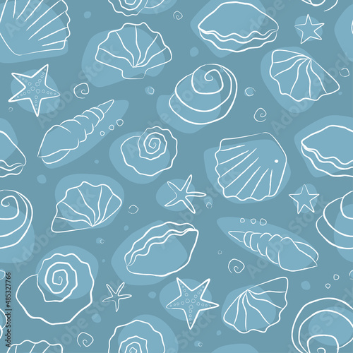 Seamless pattern summer time. Hand drawn sea shells and stars collection. Marine illustration of ocean shellfish. 