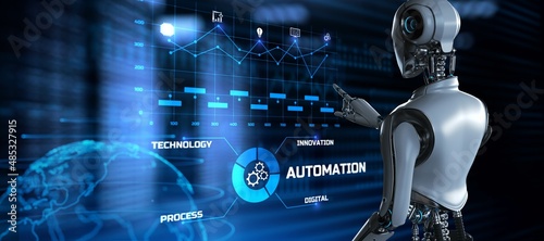 Robotic business process workflow Automation RPA. Robot pressing button on screen 3d render. photo