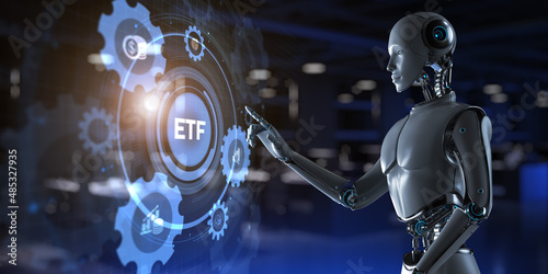 ETF Exchange traded fund investment stock market. Robot pressing virtual button 3d render illustration.