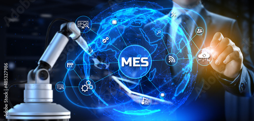 MES Manufacturing execution system. Business industrial technology concept. Cobot 3d render.