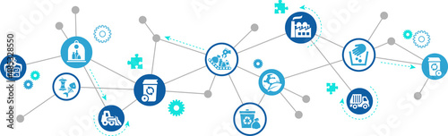 Waste management vector illustration. Blue concept with icons related to garbage or rubbish removal / disposal, waste treatment, ecological recycling and sorting of trash, municipal solid waste.