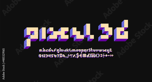 3D Pixel font, trendy mosaic alphabet or typeface, bold letters and number set made in voxel style