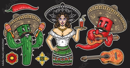 Colorful mexican cartoon characters emblems photo