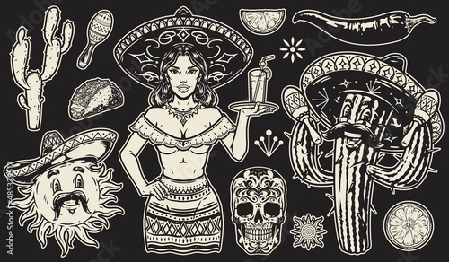 Monochrome stickers set with Mexican waitress