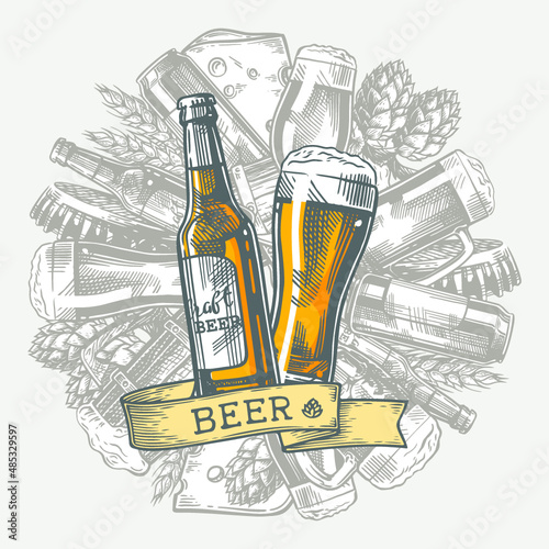Beer round design in Outline Hand Drawn Doodle Style with Different Objects on Beer Theme. Vintage vector engraving illustration for web, poster, invitation to party.