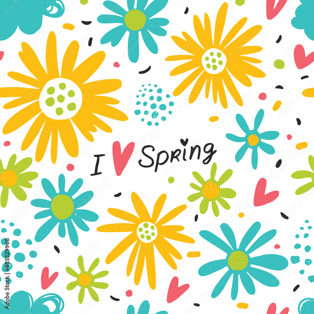 Seamless pattern with sun, clouds, flowers, hearts and polka dots. Seamless pattern with sun, clouds, flowers, hearts and polka dots.