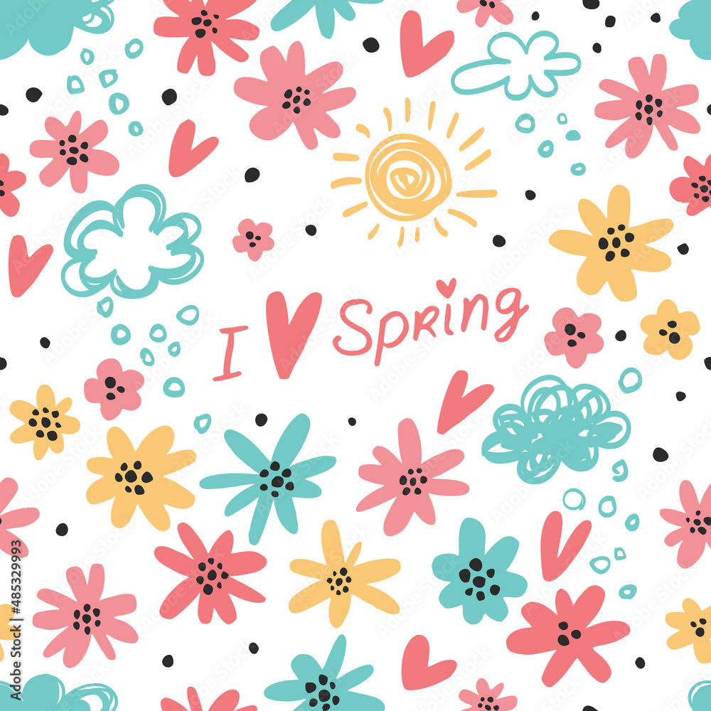 Seamless pattern with sun, clouds, flowers, hearts and polka dots.
