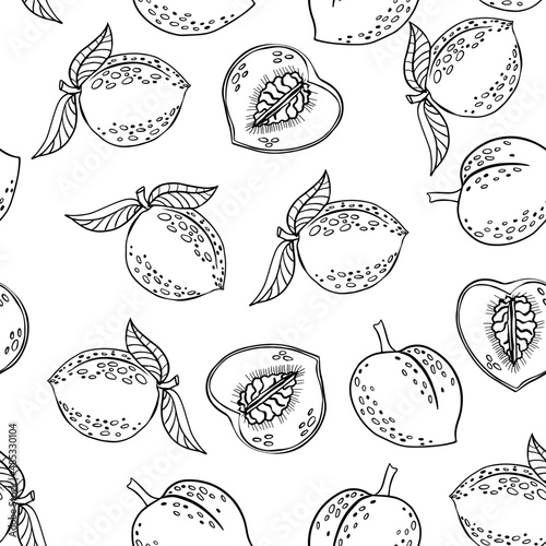 Peaches seamless pattern, sketch style fruits. Hand drawn vector illustration. 