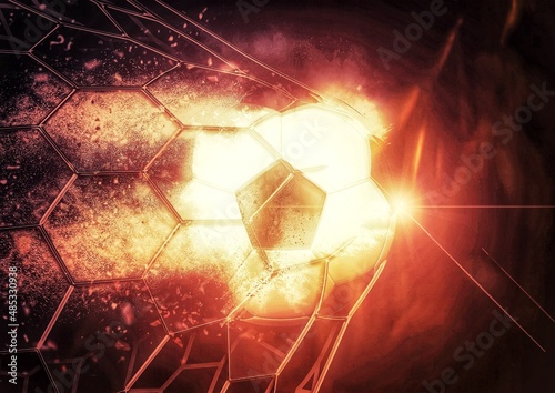 Fototapeta Naklejka Na Ścianę i Meble -  ゴールネットに突き刺さる炎のサッカーボールのイラスト