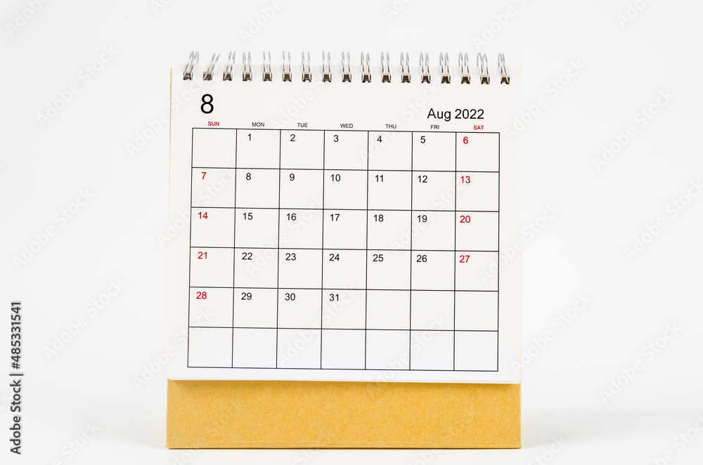 August 2022 desk calendar on white background. August 2022 desk calendar on white background.
