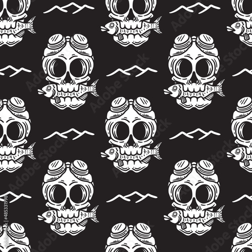 Seamless pattern of a skull eating fish