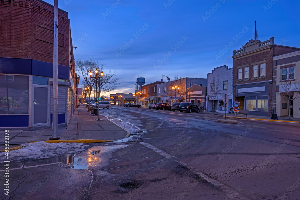 Evening view of downtown Drumheller, Alberta, Canada