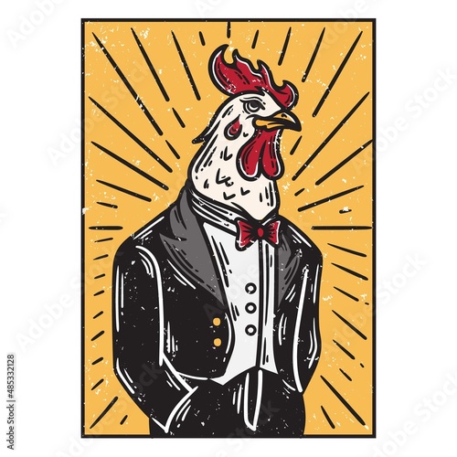 illustration of a chicken man wearing a tuxedo